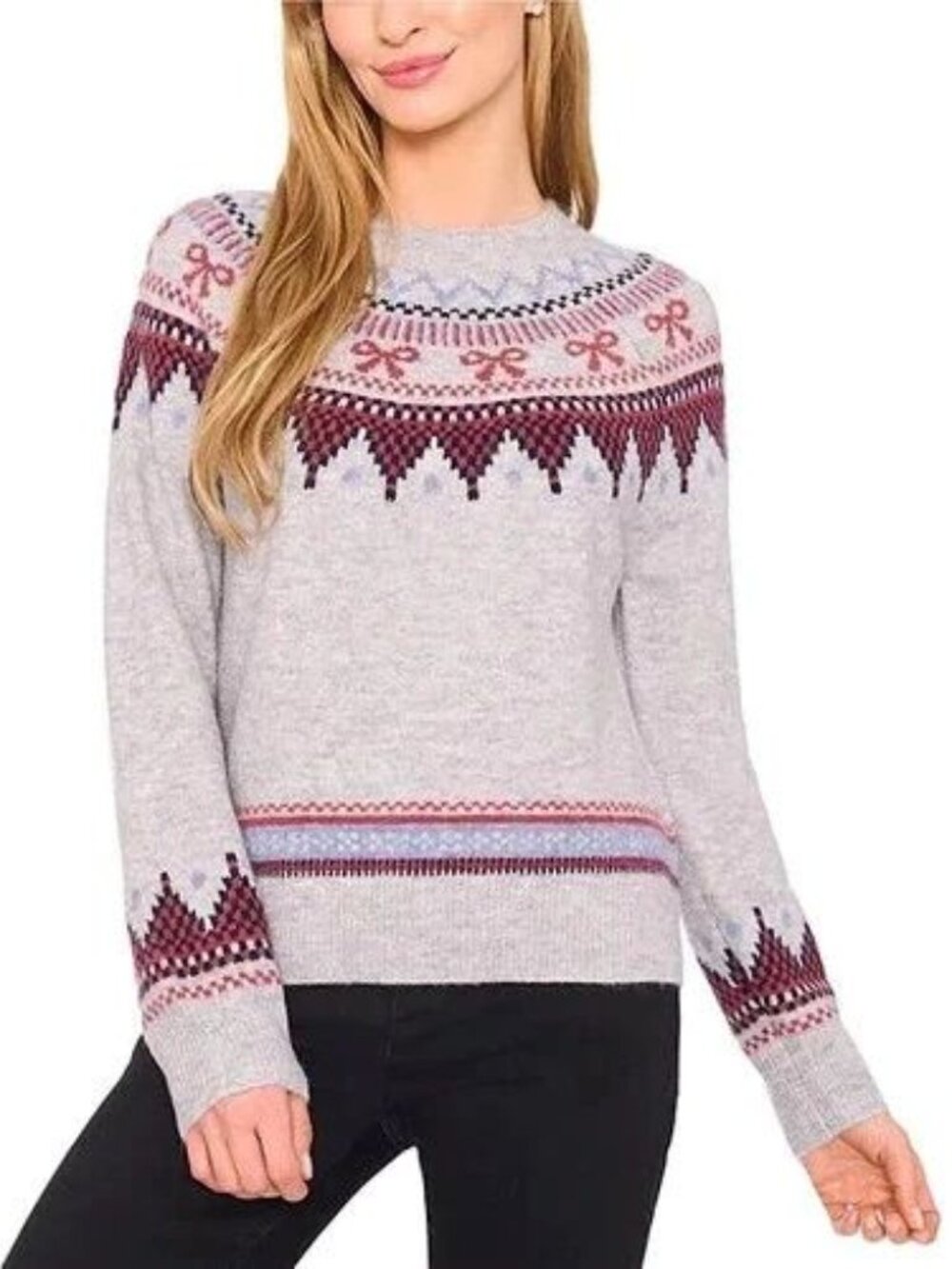 CeCe Bow Fair Isle Ribbon Detail Crewneck Sweater in Heather Gray size XL NWT
